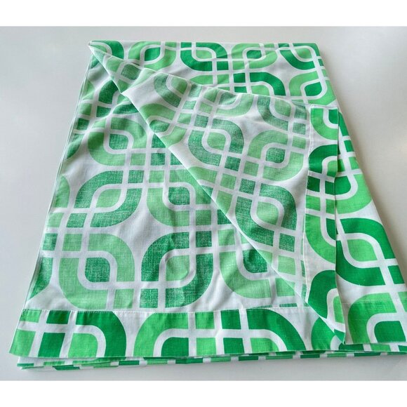 Vintage 70s flat sheet, green, white geometric full size up to queen size bed - Picture 5 of 10